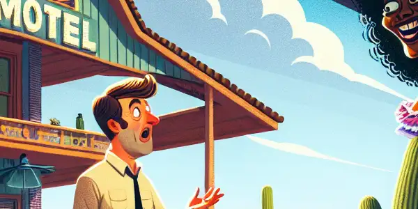 A quirky desert motel scene featuring a surprised traveler and an enigmatic guest in eccentric attire.