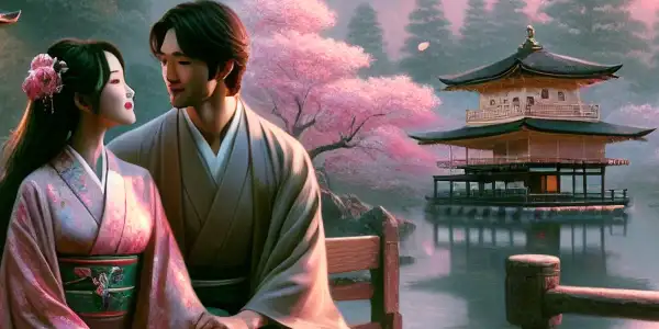 A young couple gazes lovingly at each other in a cherry blossom park at twilight.