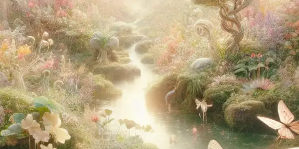 A peaceful newborn in a vibrant garden, surrounded by flowers, butterflies, and whimsical challenges symbolizing growth and choices.