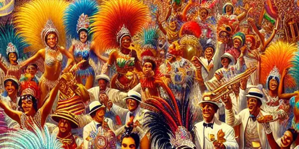 A vibrant Rio Carnival scene with colorful floats, samba dancers, and a diverse crowd celebrating joyfully.