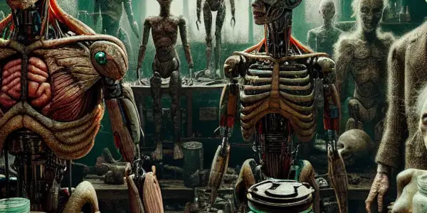 A dark workshop filled with grotesque humanoid figures transformed into lifelike toys, evoking horror and unease.