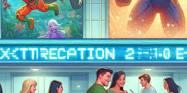 A lively cinema lobby filled with excited moviegoers discussing new films and vibrant posters.