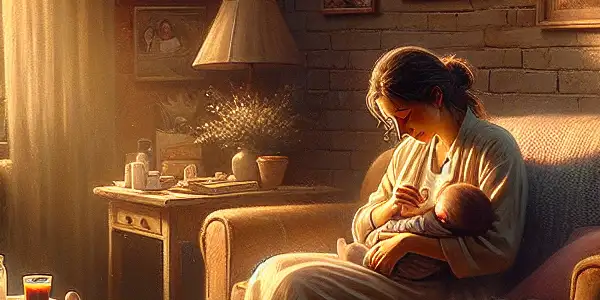 A single mother cradling her child in a cozy living room, surrounded by family photos and a warm sunset.